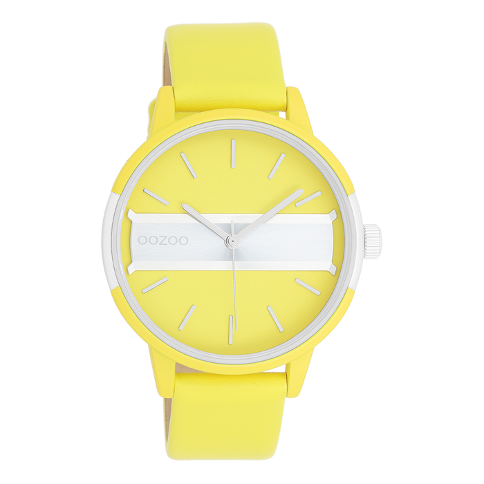 oozoo Neon geel/goudkleurige OOZOO horloge met neon gele leren band - C11191