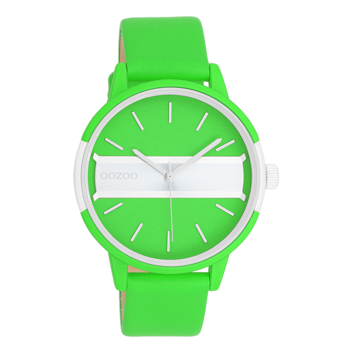 oozoo Neon groen/goudkleurige OOZOO horloge met neon groene leren band - C11189
