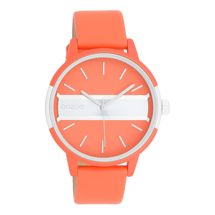 oozoo Neon rode/goudkleurige OOZOO horloge met neon oranje leren band - C11190