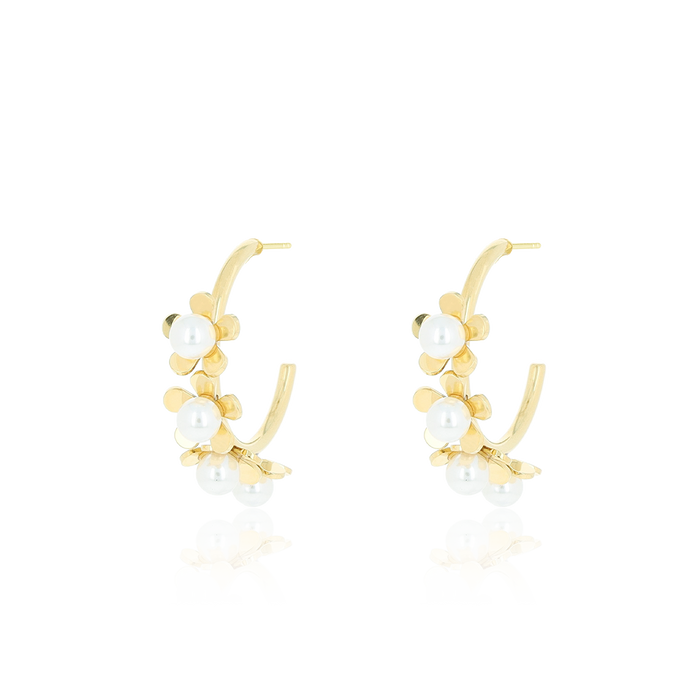 oozoo Goudkleurige oorringen met parel bloemen