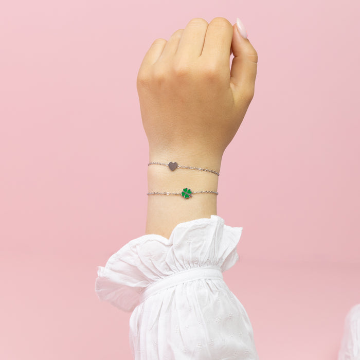 Oozoo Zilverkleurig/groene Armband Met Een Klaver