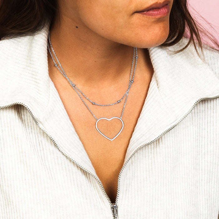 Oozoo Zilverkleurige Ketting Met Groot Hart