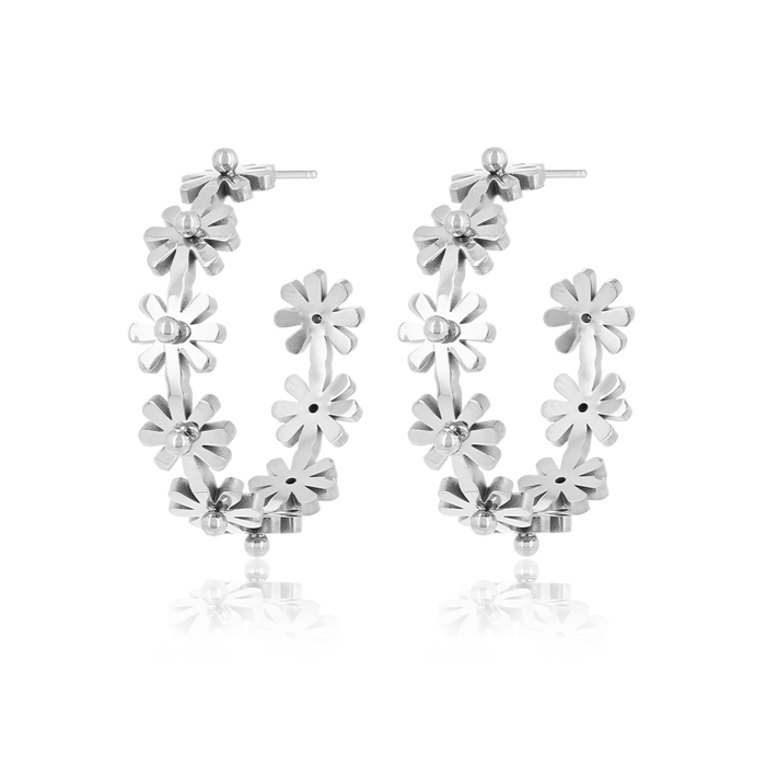 oozoo Zilverkleurige oorringen met bloemen