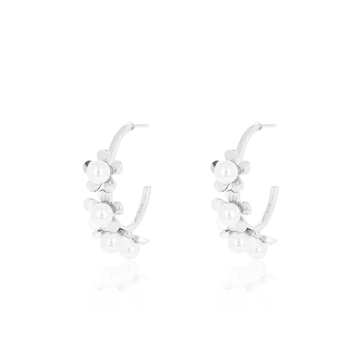 oozoo Zilverkleurige oorringen met parel bloemen