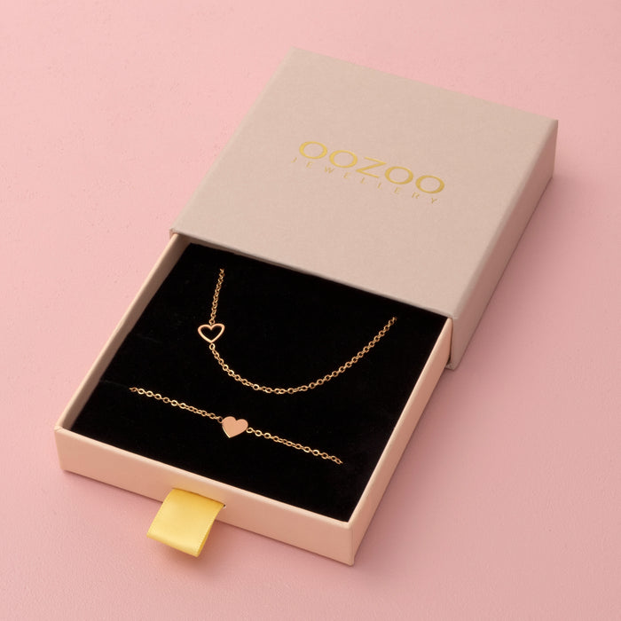 oozoo Rosé goud kleurige armband + ketting set met een hart