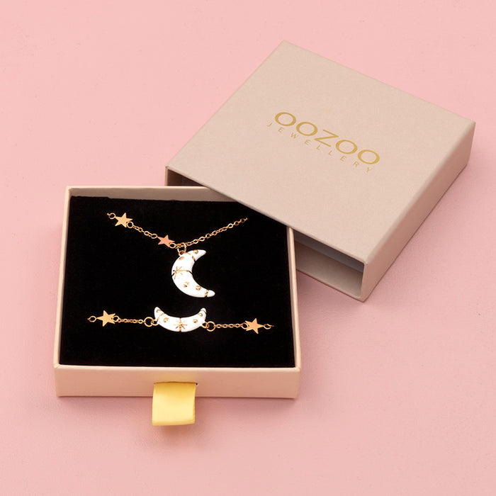 oozoo Rosé goud kleurige armband + ketting set met een maan bedeltje