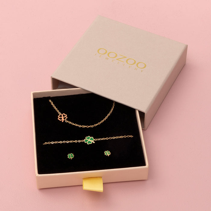 oozoo Rosé goud kleurige armband + oorbellen + ketting set met een klaver