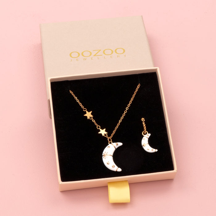 oozoo Rosé goud kleurige oorring + ketting set met een maan bedeltje