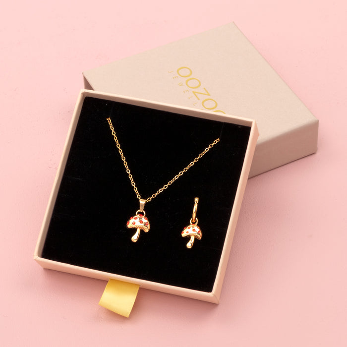 oozoo Rosé goud kleurige oorring + ketting set met een paddenstoel bedeltje