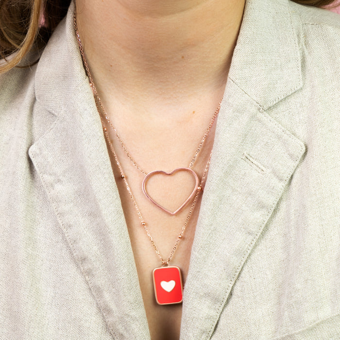 Oozoo Rosé Goudkleurig/rode Ketting Met Een Hart Plaatje