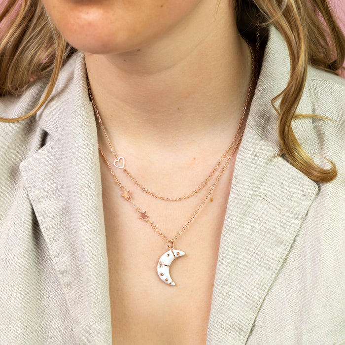 Oozoo Rosé Goudkleurig/witte Ketting Met Een Maan Bedeltje