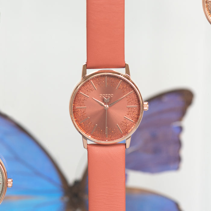 Oozoo Rosé Goudkleurige OOZOO Horloge Met Abrikoos Goudkleurige Leren Band - C10934