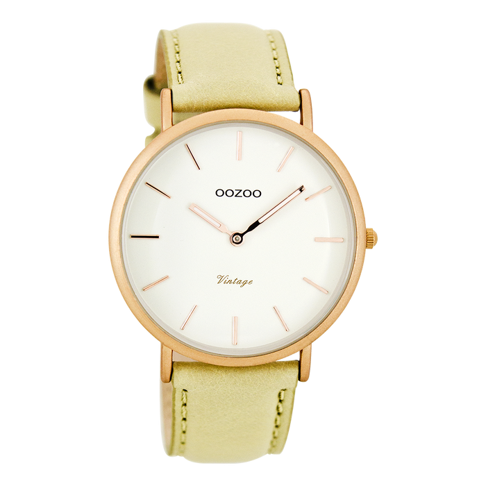 oozoo Rosé goudkleurige OOZOO horloge met beige leren band - C7734