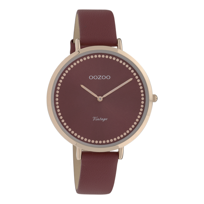 oozoo Rosé goudkleurige OOZOO horloge met bordeaux rode leren band - C9851