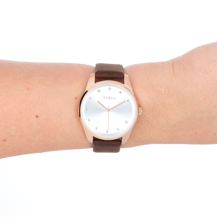 Oozoo Rosé Goudkleurige OOZOO Horloge Met Bruine Leren Band - C11048