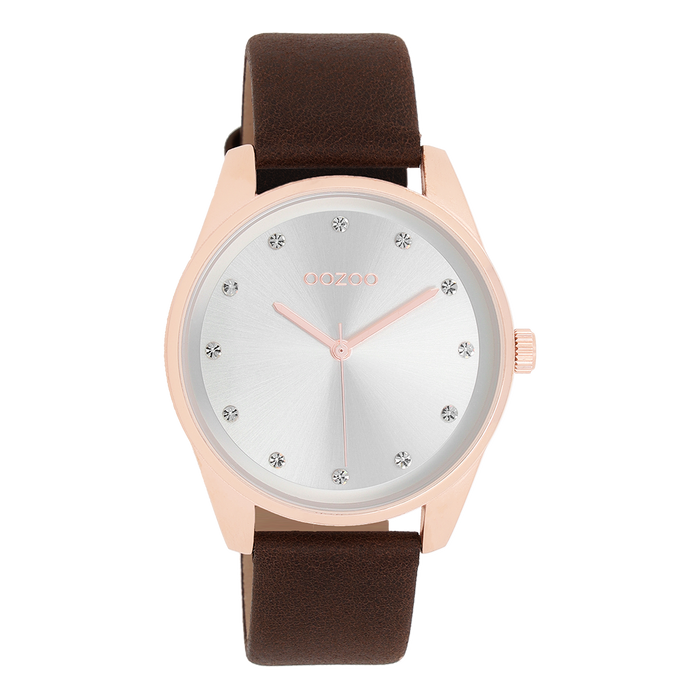 oozoo Rosé goudkleurige OOZOO horloge met bruine leren band - C11048