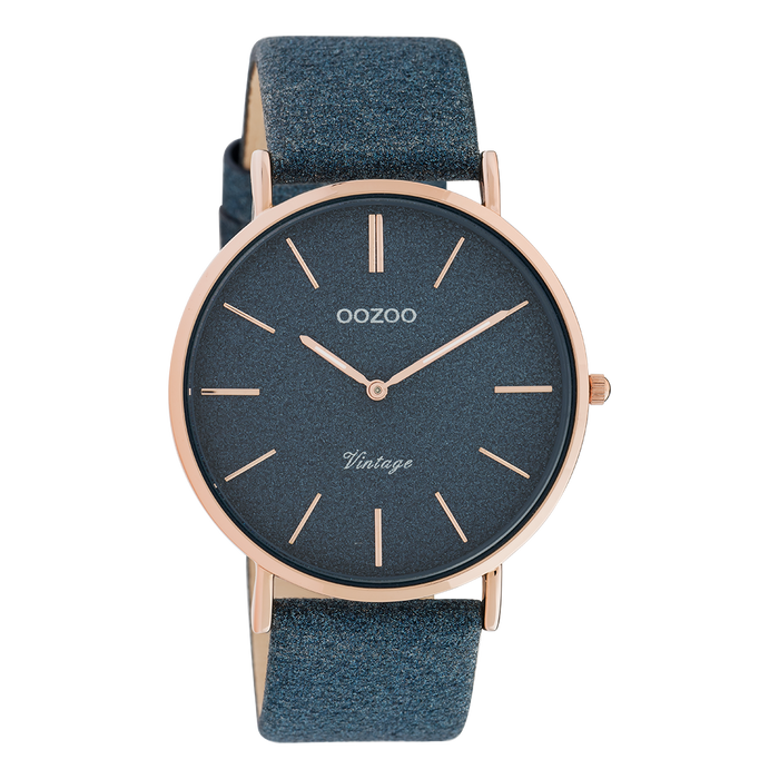 oozoo Rosé goudkleurige OOZOO horloge met donker blauwe leren band - C20163
