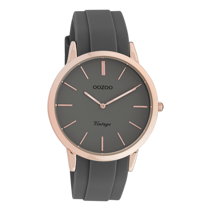 oozoo Rosé goudkleurige OOZOO horloge met donker grijze rubber band - C20172
