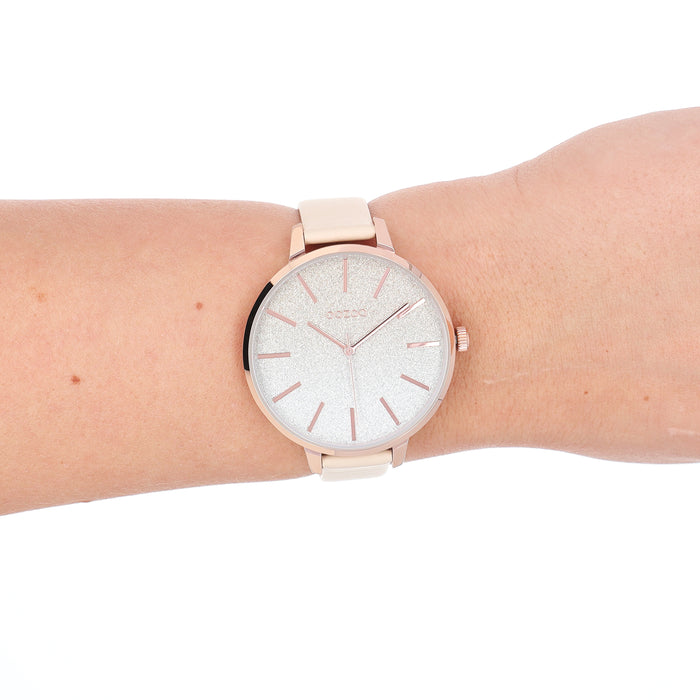 Oozoo Rosé Goudkleurige OOZOO Horloge Met Licht Taupe Leren Band - C11030