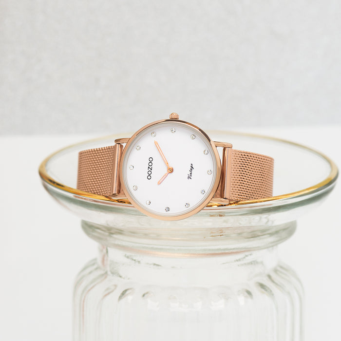Oozoo Rosé Goudkleurige OOZOO Horloge Met Metalen Mesh Armband - C20243