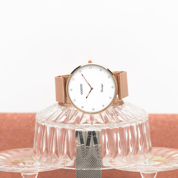 Oozoo Rosé Goudkleurige OOZOO Horloge Met Metalen Mesh Armband - C20238