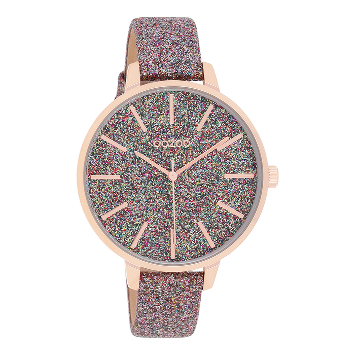 oozoo Rosé goudkleurige OOZOO horloge met multicolor leren band - C11032