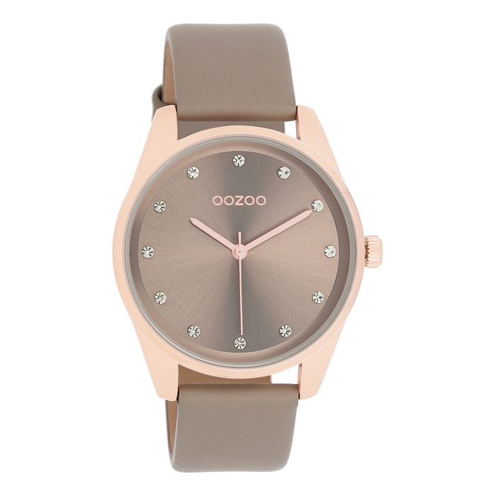 oozoo Rosé goudkleurige OOZOO horloge met taupe leren band - C11047