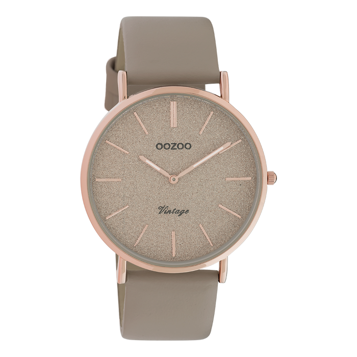 oozoo Rosé goudkleurige OOZOO horloge met taupe leren band - C20167