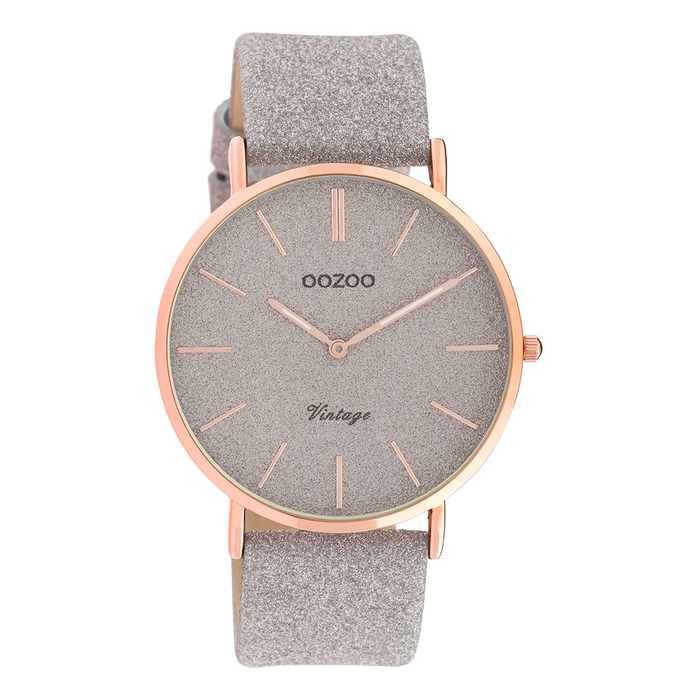 oozoo Rosé goudkleurige OOZOO horloge met taupe leren band - C20162