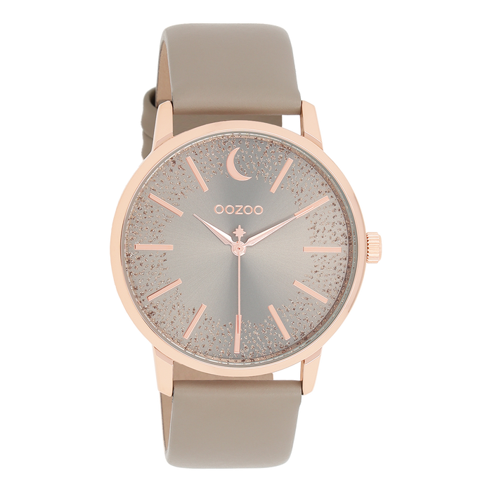 oozoo Rosé goudkleurige OOZOO horloge met taupe leren band - C11041