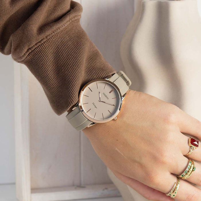 Oozoo Rosé Goudkleurige OOZOO Horloge Met Taupe Rubber Band - C20170