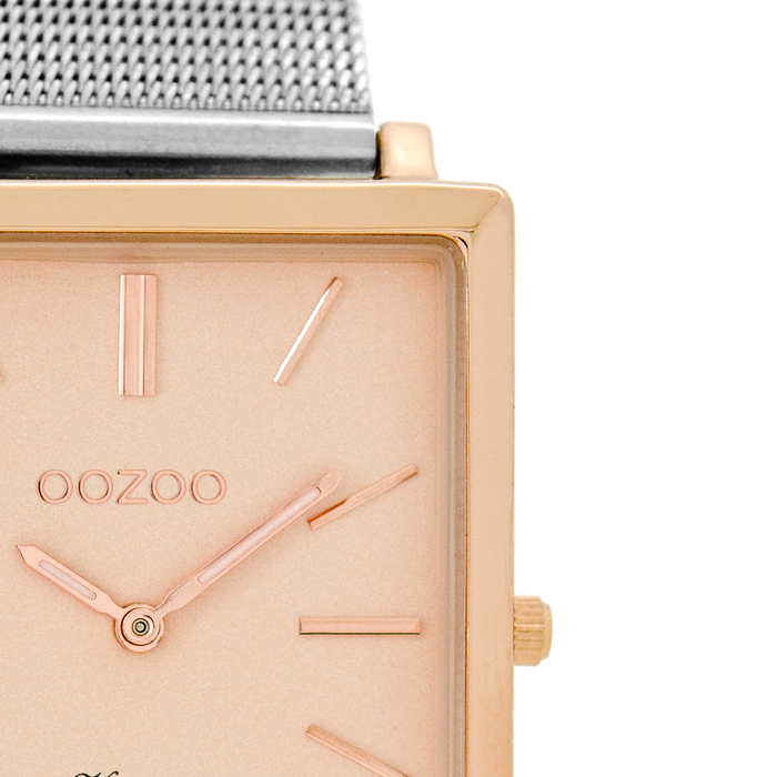Oozoo Rosé Goudkleurige OOZOO Horloge Met Zilverkleurige Metalen Mesh Armband - C8182