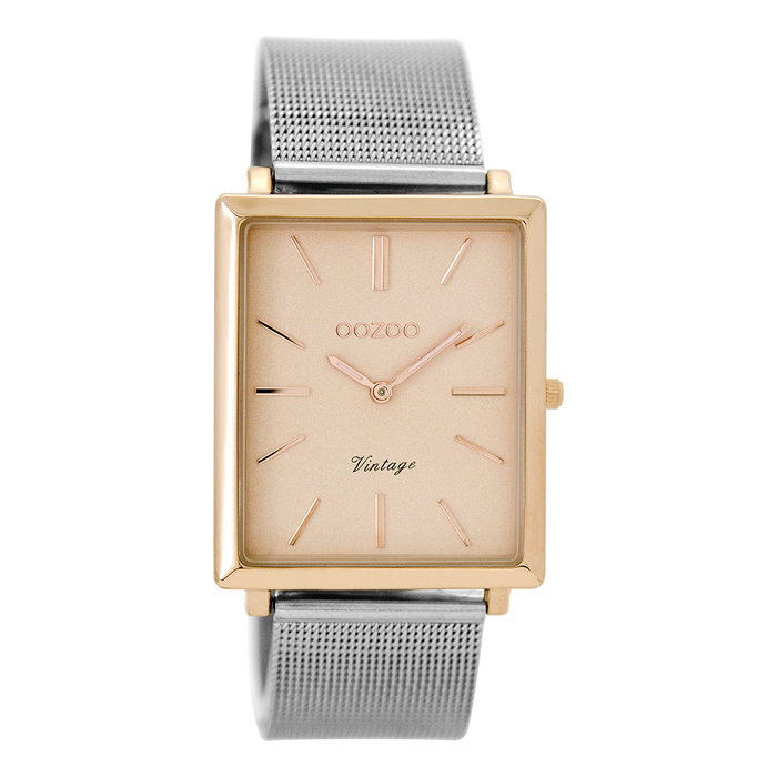 oozoo Rosé goudkleurige OOZOO horloge met zilverkleurige metalen mesh armband - C8182