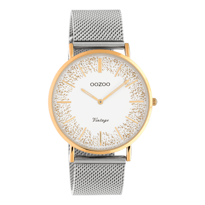 oozoo Rosé goudkleurige OOZOO horloge met zilverkleurige metalen mesh armband - C20136