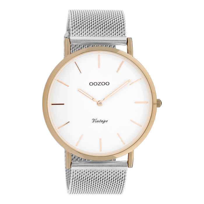 oozoo Rosé goudkleurige OOZOO horloge met zilverkleurige metalen mesh armband - C20070