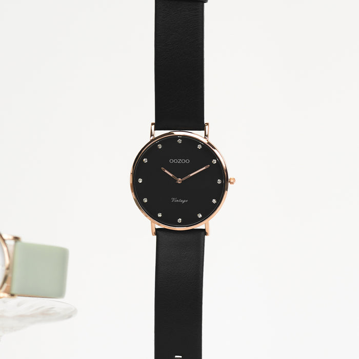 Oozoo Rosé Goudkleurige OOZOO Horloge Met Zwarte Leren Band - C20249