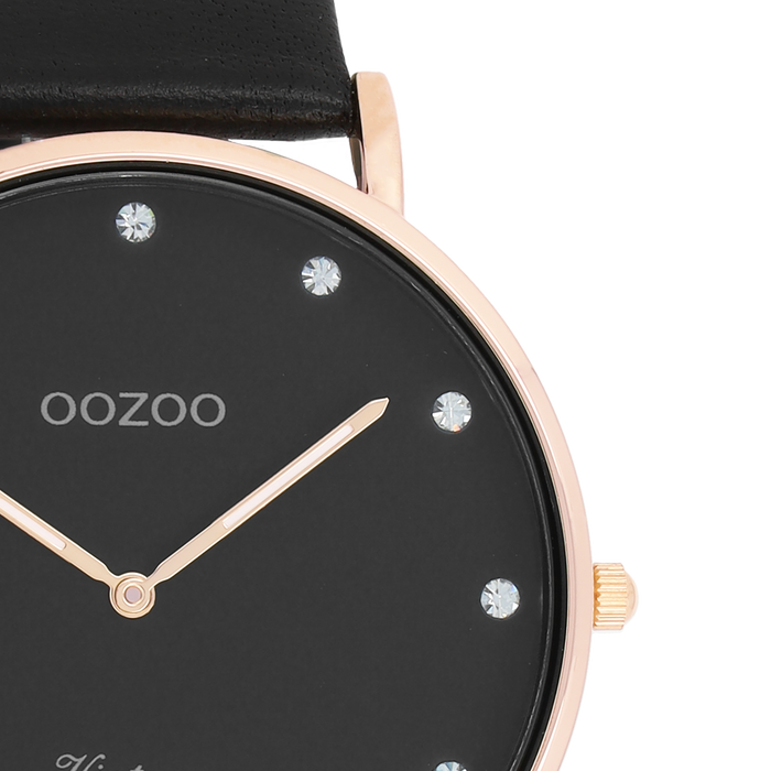 Oozoo Rosé Goudkleurige OOZOO Horloge Met Zwarte Leren Band - C20249