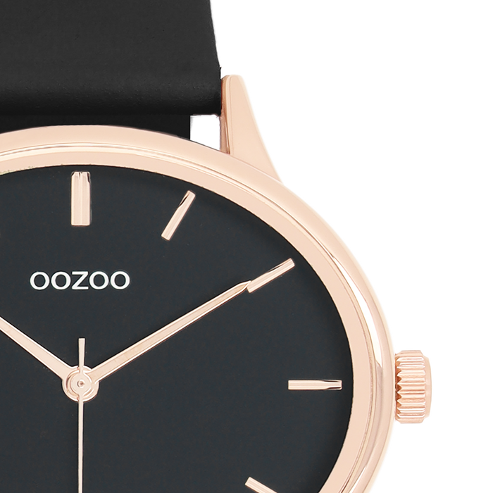 Oozoo Rosé Goudkleurige OOZOO Horloge Met Zwarte Leren Band - C11054
