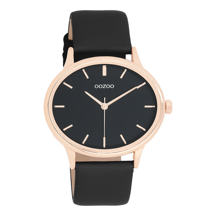 oozoo Rosé goudkleurige OOZOO horloge met zwarte leren band - C11054