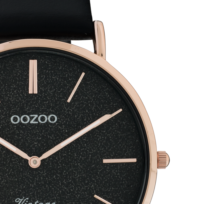 Oozoo Rosé Goudkleurige OOZOO Horloge Met Zwarte Leren Band - C20169