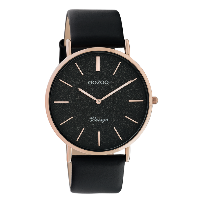 oozoo Rosé goudkleurige OOZOO horloge met zwarte leren band - C20169