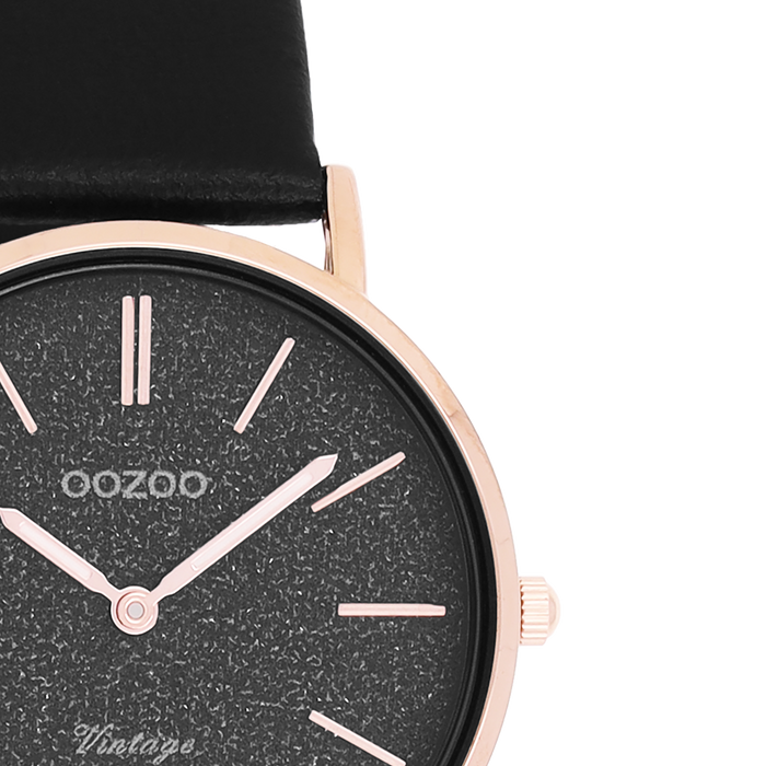 Oozoo Rosé Goudkleurige OOZOO Horloge Met Zwarte Leren Band - C20209