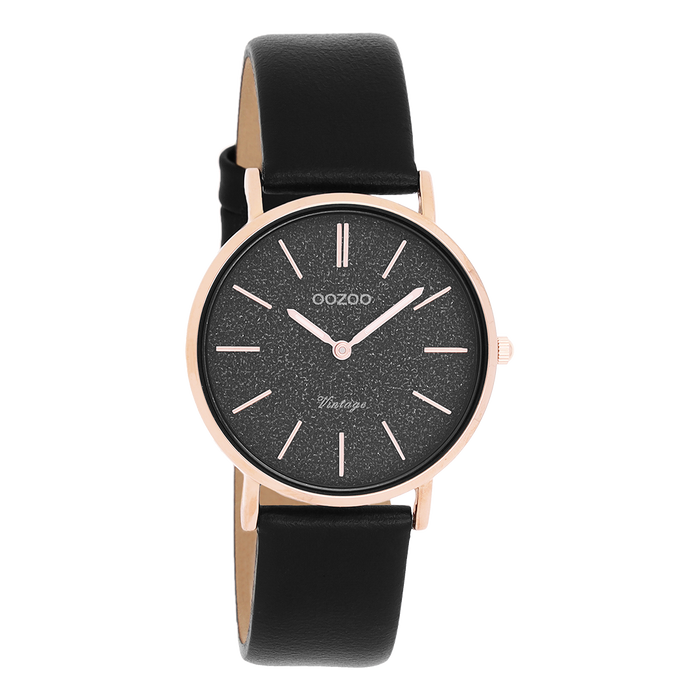 oozoo Rosé goudkleurige OOZOO horloge met zwarte leren band - C20209