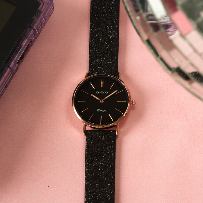 Oozoo Rosé Goudkleurige OOZOO Horloge Met Zwarte Leren Band - C20159