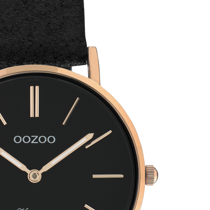 Oozoo Rosé Goudkleurige OOZOO Horloge Met Zwarte Leren Band - C20159