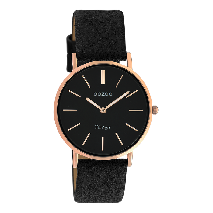 oozoo Rosé goudkleurige OOZOO horloge met zwarte leren band - C20159