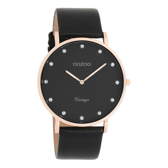 oozoo Rosé goudkleurige OOZOO horloge met zwarte leren band - C20249