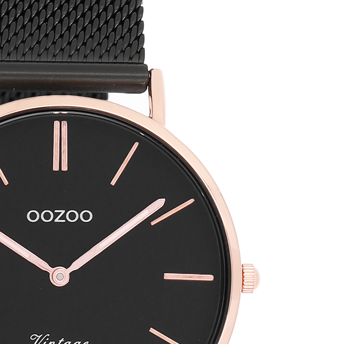 Oozoo Rosé Goudkleurige OOZOO Horloge Met Zwarte Metalen Mesh Armband - C8870