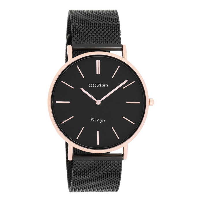 oozoo Rosé goudkleurige OOZOO horloge met zwarte metalen mesh armband - C8869