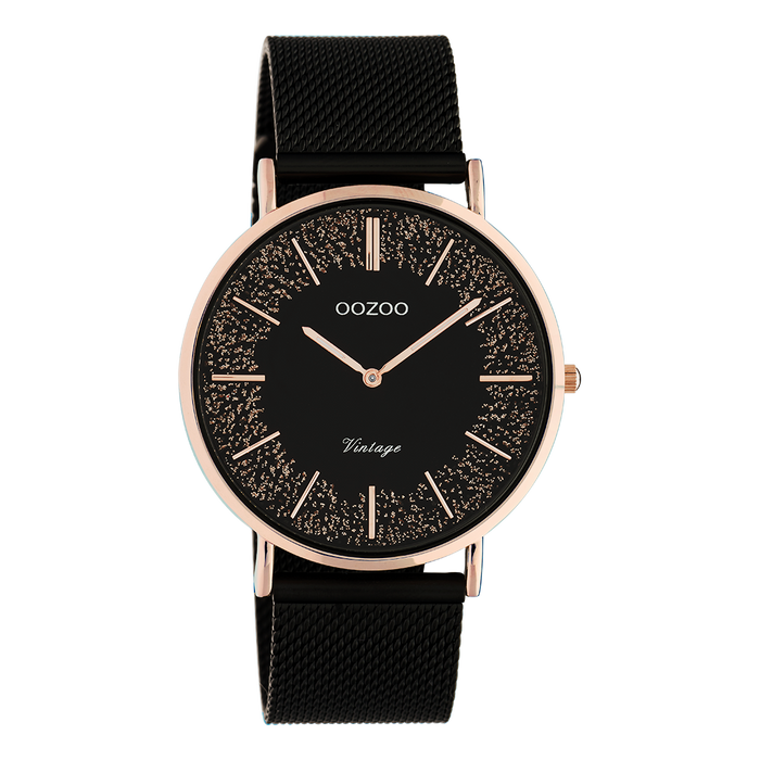 oozoo Rosé goudkleurige OOZOO horloge met zwarte metalen mesh armband - C20142